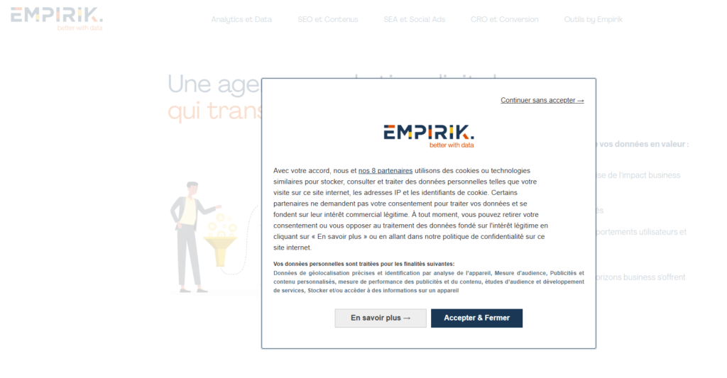 Exemple de bandeau cookie s’affichant sur un site web